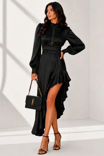Rochie Lunga de Dama, din Satin , Decupata pe Picior , Miky, Negru