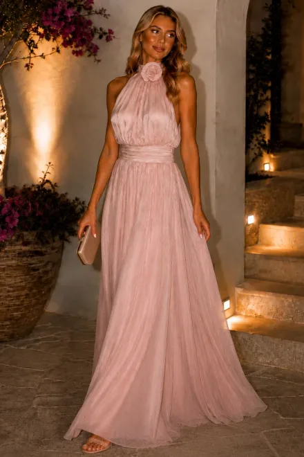 Rochie Lunga de Dama, din Voal cu Fir Lurex, Accesorizata cu Floare, Cherryl, Roz