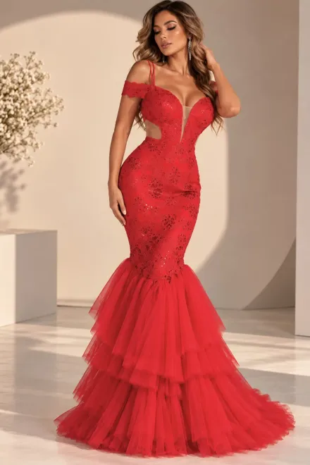 Rochie Lunga de Dama, Tip Sirena, cu Trena din Voal si Accesorizata cu Paiete, Ellenys, Rosu