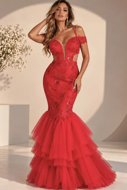 Rochie Lunga de Dama, Tip Sirena, cu Trena din Voal si Accesorizata cu Paiete, Ellenys, Rosu