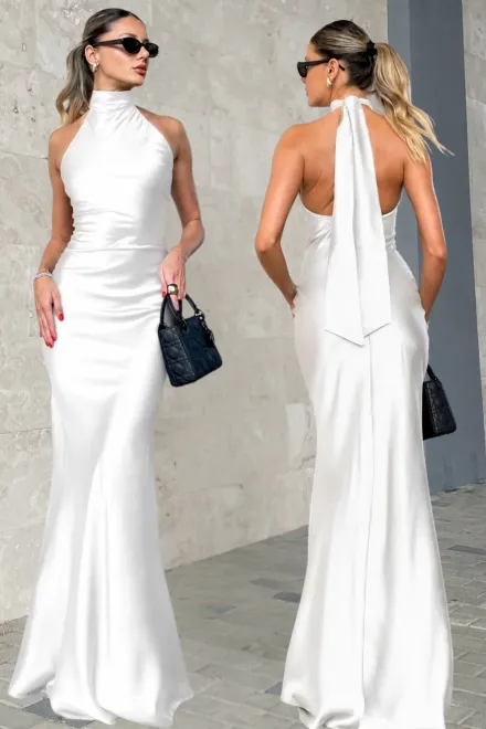 Rochie Lunga de Ocazie, Tip Sirena, din Satin, cu Inchidere Fermoar si Cordon, Ambrosse, Alba