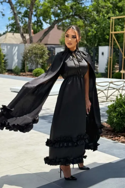 Rochie Midi de Dama, din Satin, cu Maneci Crapate si Accesorizata cu Volane, Duchesse, Neagra