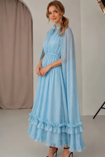 Rochie Midi de Dama, din Voal cu Fir Lurex, cu Maneci Lungi Crapate si Acessorizata cu Volane, Magiste, Bleu