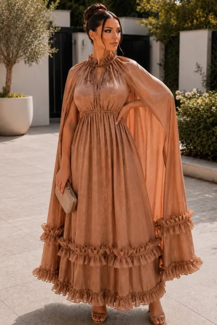 Rochie Midi , din Voal cu Fir Lurex, cu Maneci Lungi Crapate, Acessorizata cu Volane, Mavi, Bej