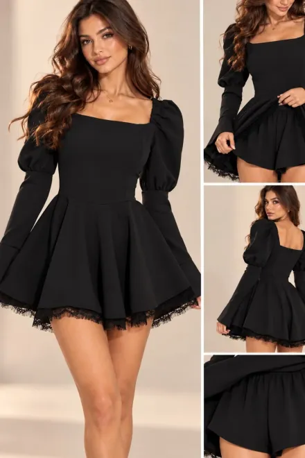 Rochie Scurta, cu Fusta-Pantalon, Accesorizata cu Dantela, din Bistrech, Remynna, Negru
