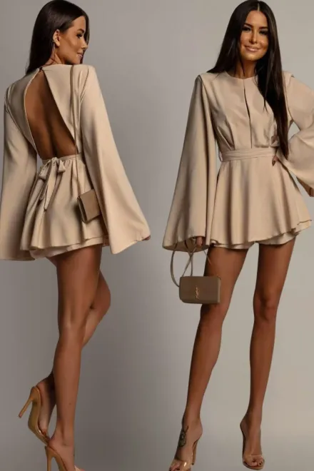 Rochie Scurta de Dama, cu Fusta-Pantalon, din Voal Mat, cu Spate Gol si Maneci Lungi Evazate, Horizon, Bej