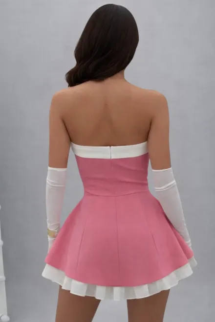 Rochie Scurta de Dama, cu Inchidere Fermoar si Poplin Alb, fara Maneci, Luxe, Roz