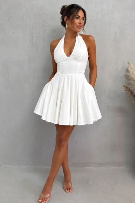 Rochie Scurta de Dama, din Bistrech, cu  Buzunare si Inchidere Corset Reglabil, Vaianna, Alba