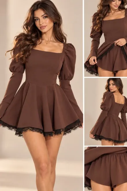 Rochie Scurta de Dama, din Bistrech, cu Fusta-Pantalon si Accesorizata cu Dantela, Queen, Maro