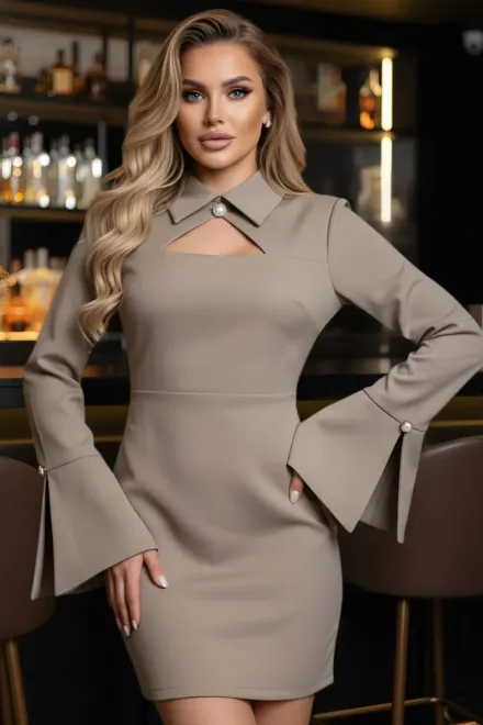Rochie Scurta de Dama , din Bistrech, cu Maneci Clopot , Evellyn, Bej