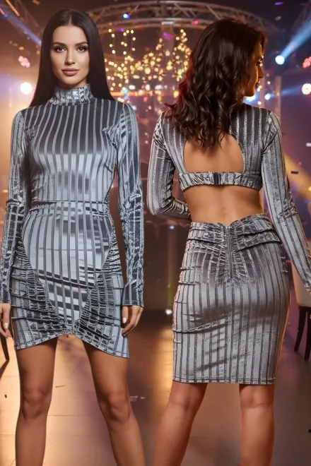 Rochie Scurta de Dama, din Catifea, cu Spate Gol, Silence, Gri