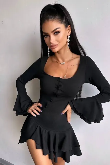 Rochie Scurta de Dama, din Crep Elastic, cu Maneci Lungi Tip Clopot si Volane, Burbberry, Neagra