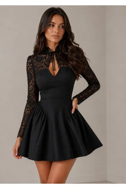 Rochie Scurta de Dama ,din Lycra , Accesorizata cu Dantela ,Sarah, Negru