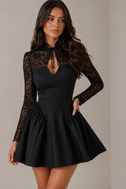 Rochie Scurta de Dama ,din Lycra , Accesorizata cu Dantela ,Sarah, Negru