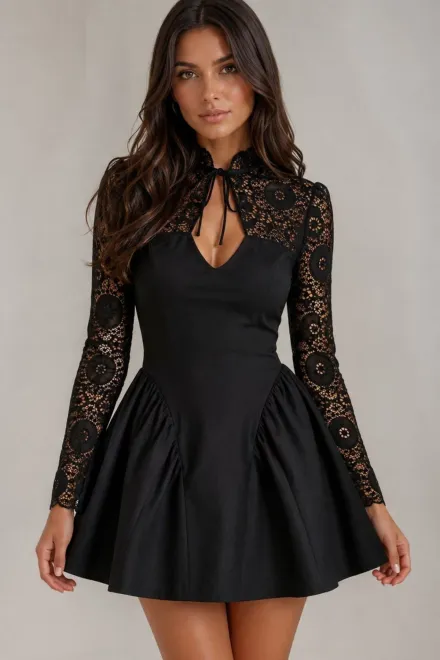 Rochie Scurta de Dama ,din Lycra , Accesorizata cu Dantela ,Sarah, Negru