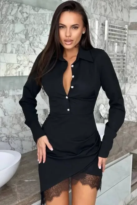 Rochie Scurta de Dama, din Lycra Premium, cu Maneci Lungi, Inchidere Nasturi siAccesorizata cu Dantela Neagra, Dyvva, Neagra