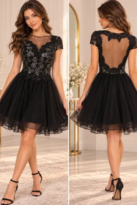 Rochie Scurta de Dama, din Voal, Accesorizata cu Paiete pe Bust, Brianne, Negru