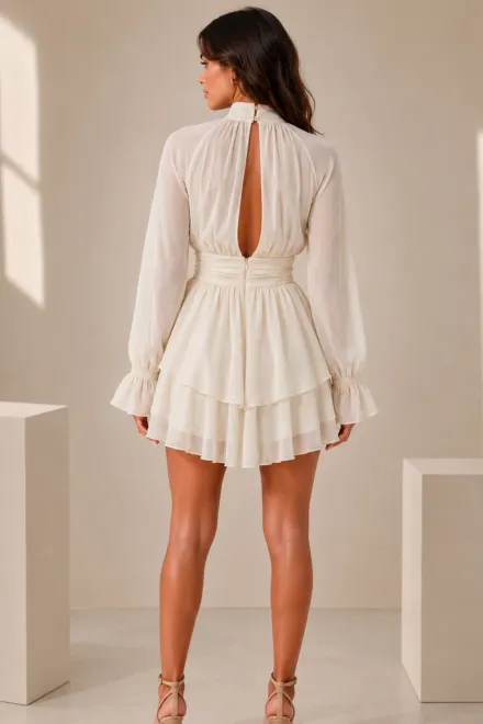 Rochie Scurta de Dama, din Voall, cu Maneci Lungi si Accesorizata cu Floare, Merydis, Ivoire