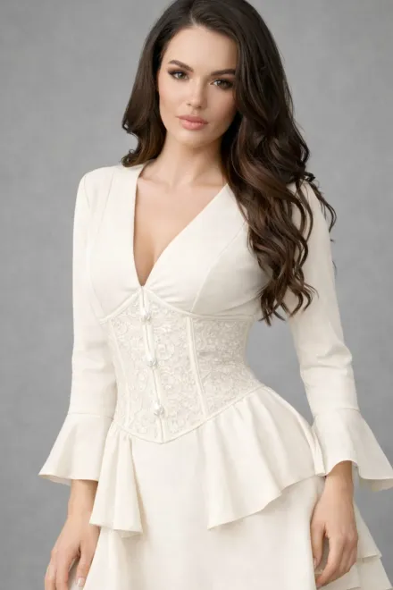 Rochie Scurta de Dama, Tip Sacou, cu Corset din Dantela, Andorra, Ivoire
