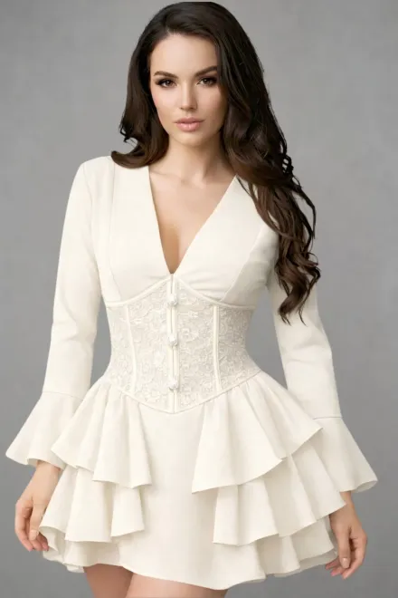 Rochie Scurta de Dama, Tip Sacou, cu Corset din Dantela, Andorra, Ivoire