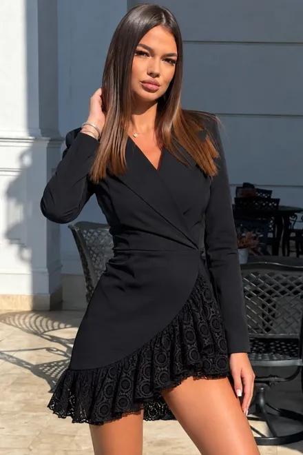 Rochie Scurta de Dama, Tip Sacou, din Bistrech, cu Volane din Dantela, Dakota, Negru