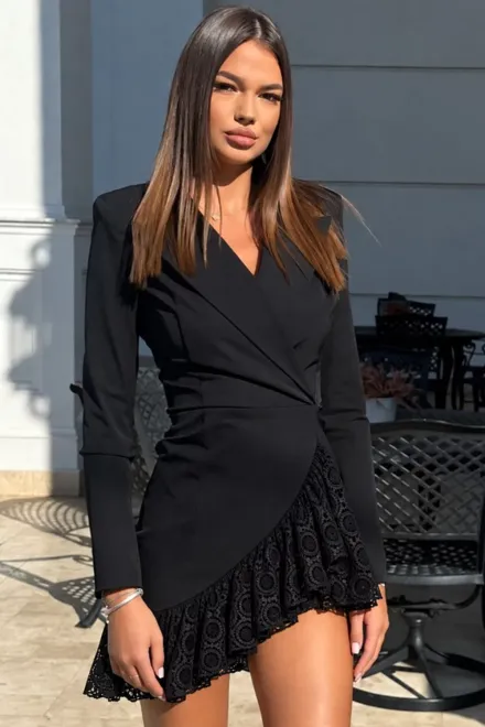 Rochie Scurta de Dama, Tip Sacou, din Bistrech, cu Volane din Dantela, Dakota, Negru