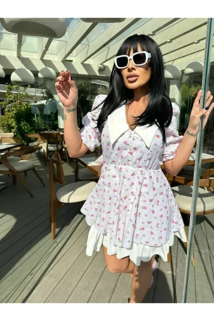 Rochie Scurta de Vara, cu Maneci Scurte, Guler si Poplin Alb, Alkalia, Model Floral