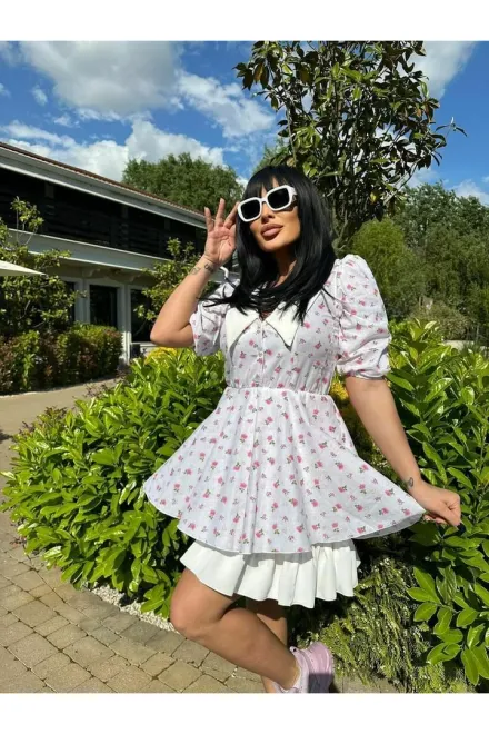 Rochie Scurta de Vara, cu Maneci Scurte, Guler si Poplin Alb, Alkalia, Model Floral