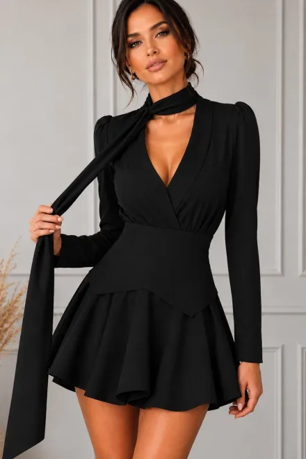 Rochie Scurta din Bistrech, cu Cordon Decorativ la Gat, Maneci Lungi si Brau Detasabil, Channe, Negru