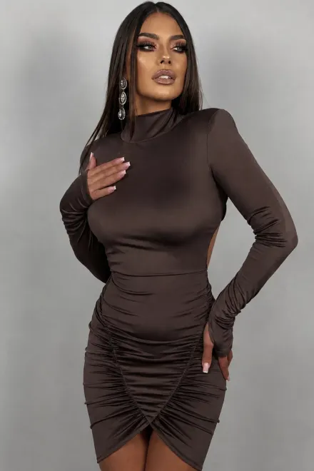 Rochie Scurta din Lycra, cu Maneci Lungi si Spate Gol, Aryssa, Maro