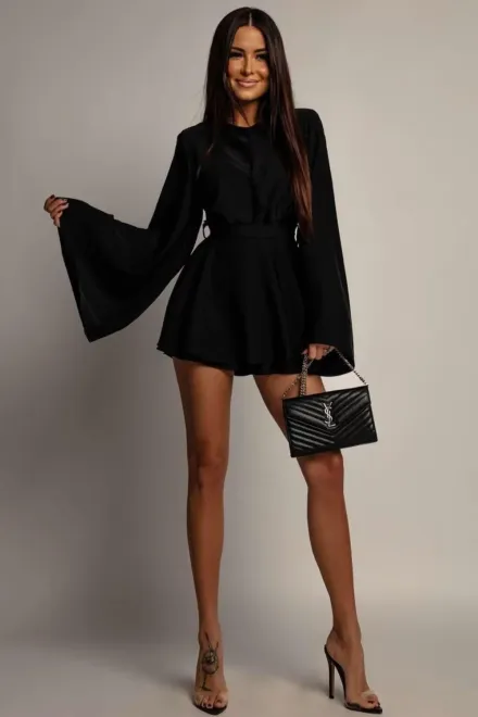 Rochie Scurta din Voal Mat, cu Fusta Pantalon si Maneci Evazate, Escape, Neagra