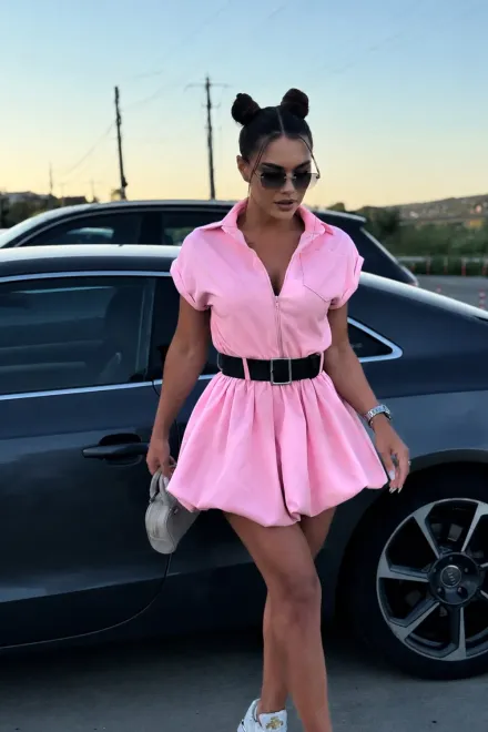 Rochie Tip Gogosar, Scurta, din Bistrech, cu Maneci Scurte, Azuria, Roz