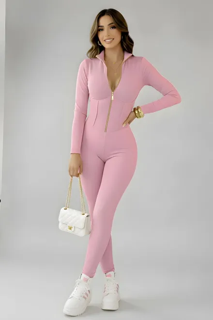 Salopeta Dama din Lycra, cu Maneci Lungi si Inchidere Fermoar, Zaffyra, Roz