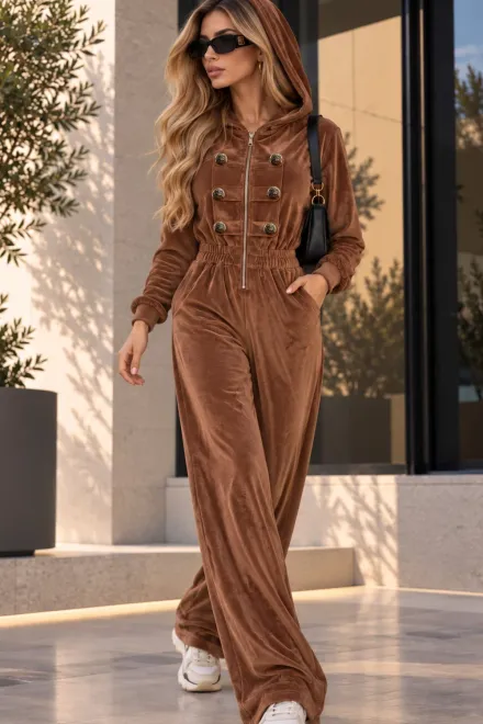 Salopeta de Dama, din Catifea, cu Gluga, Accesorizata cu Bride Tip Military, Mashy, Maro