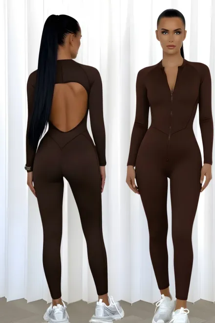 Salopeta de Dama, din Lycra, cu Maneci Lungi si Cusaturi Evidentiate, Plush, Maro Inchis