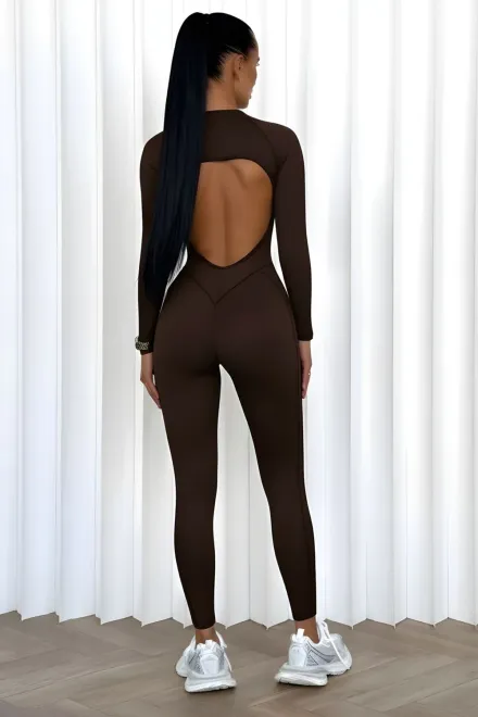 Salopeta de Dama, din Lycra, cu Maneci Lungi si Cusaturi Evidentiate, Plush, Maro Inchis