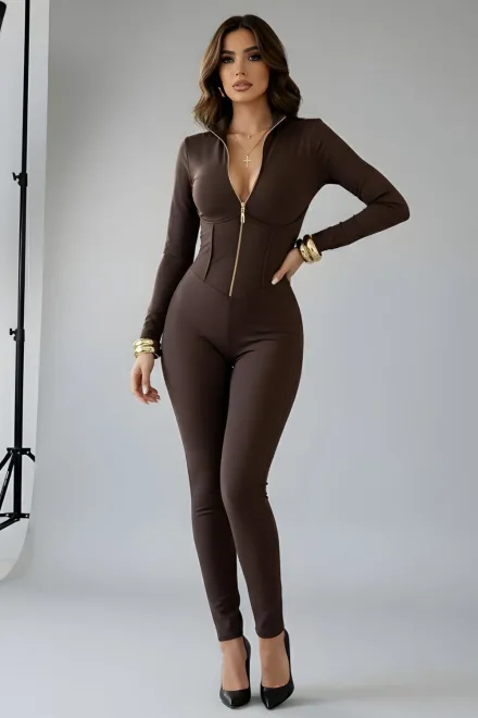 Salopeta de Dama, din Lycra, Cusaturi Evidentiate si Maneci Lungi, Onyra, Maro