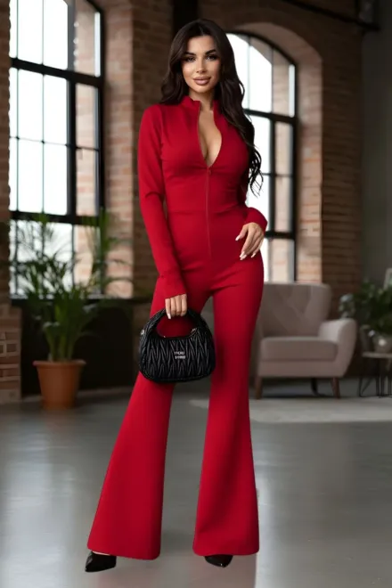 Salopeta de Dama, Evazata cu Spate Gol, din Lycra, Allure, Rosie