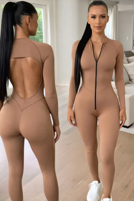 Salopeta din Lycra, cu Maneci Lungi si Spate Gol, Calliope, Camel