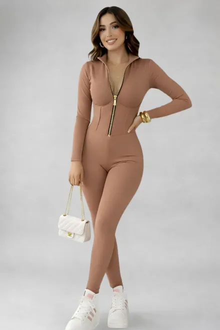Salopeta din Lycra, Cusaturi Evidentiate si Maneci Lungi, Herra, Camel