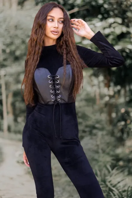 Salopeta Mulata din Catifea, cu Corset Atasat din Piele Ecologica, Magnum, Neagra