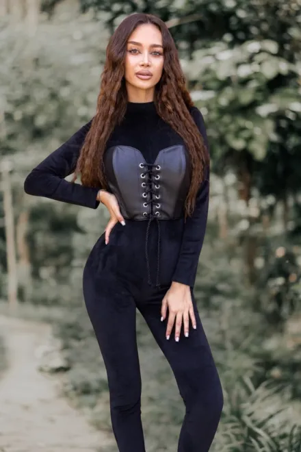 Salopeta Mulata din Catifea, cu Corset Atasat din Piele Ecologica, Magnum, Neagra