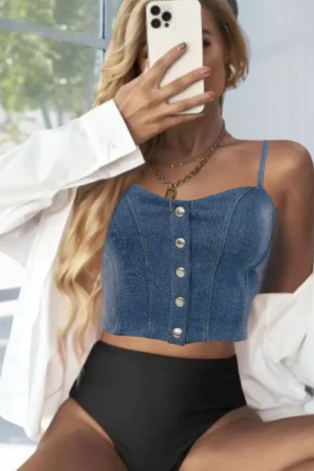 Top de Dama cu Bretele Subtiri Reglabile, din Jeans Elastic, Women, Albastru