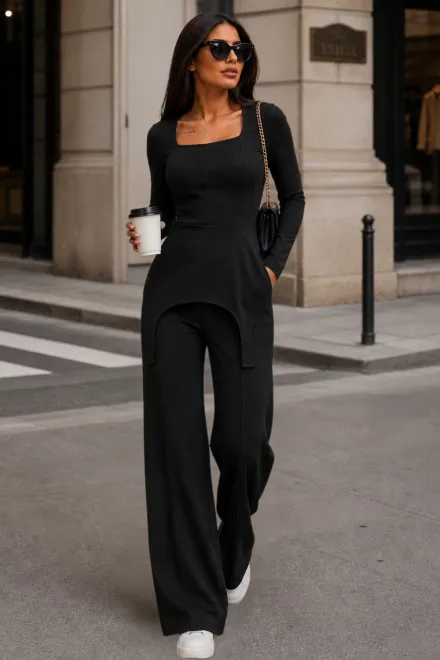 Trening de Damă, Bluză cu Decolteu Pătrat și Croială Asimetrică, Pantaloni Largi, Ellary, Negru