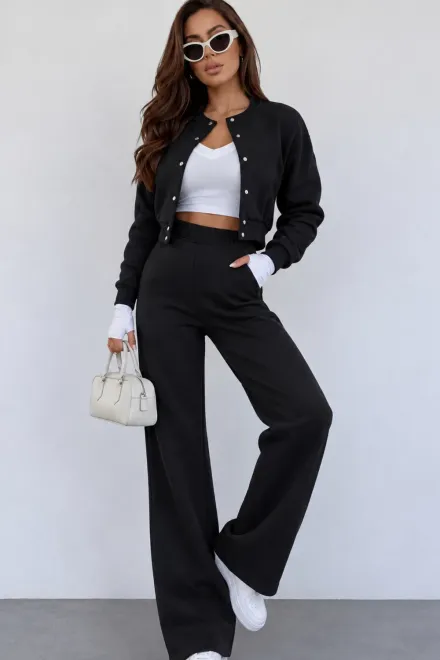 Trening de Dama, din Bumbac, Jacheta cu Inchidere Capse si Pantalon cu Buzunare, Vangelis, Negru