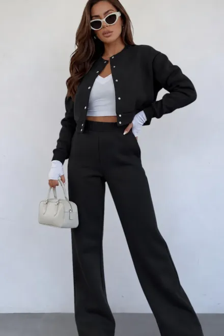 Trening de Dama, din Bumbac, Jacheta cu Inchidere Capse si Pantalon cu Buzunare, Vangelis, Negru