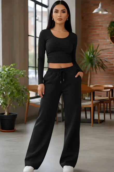 Trening de Dama, din Bumbac, Pantalon Lejer si Bluza, Willow, Negru