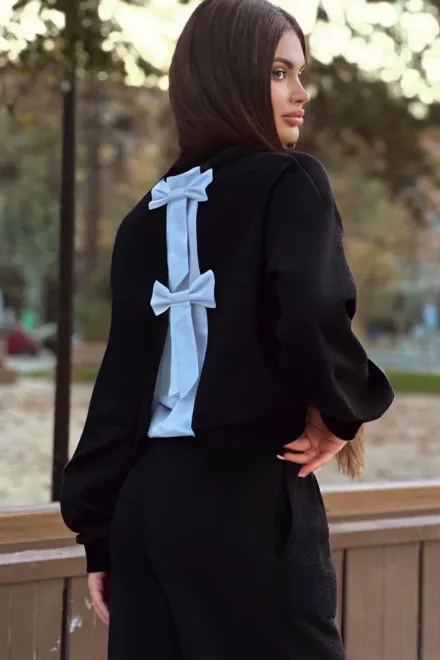 Trening de Dama, din Bumbac Plusat, Doua Piese, Pantalon Lejer si Bluza cu Camasa Atasata, Raven, Negru