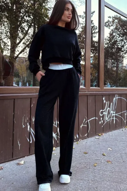 Trening de Dama, din Bumbac Plusat, Doua Piese, Pantalon Lejer si Bluza cu Camasa Atasata, Raven, Negru