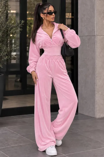 Trening de Dama, din Catifea, Doua Piese, Hanorac si Pantaloni Lejeri, Force, Roz Bon-Bon